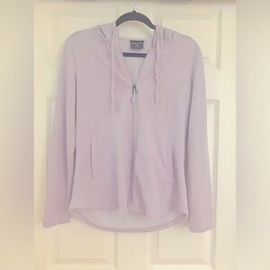 Lightweight lavender jacket with hood and pockets.